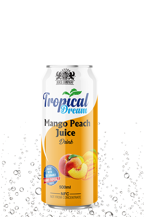 Tropical Dream Mango Peach Juice Drink 500ml can with mango and peach fruit label.