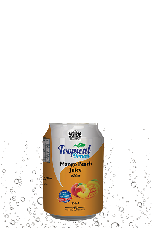 Tropical Dream Mango Peach Juice Drink 330ml can with mango and peach fruit label and side-view packaging.