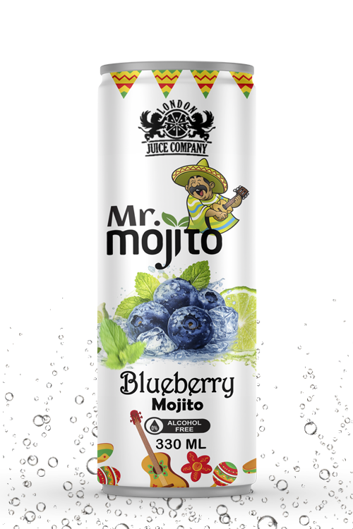 Refreshing blueberry mojito drink with real fruit flavor in a premium alcohol-free 330ml can by London Juice Company