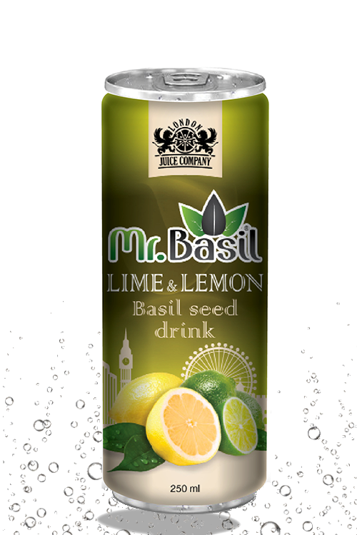 Lime and lemon basil seed drink in 250ml can with yellow-green design and citrus imagery