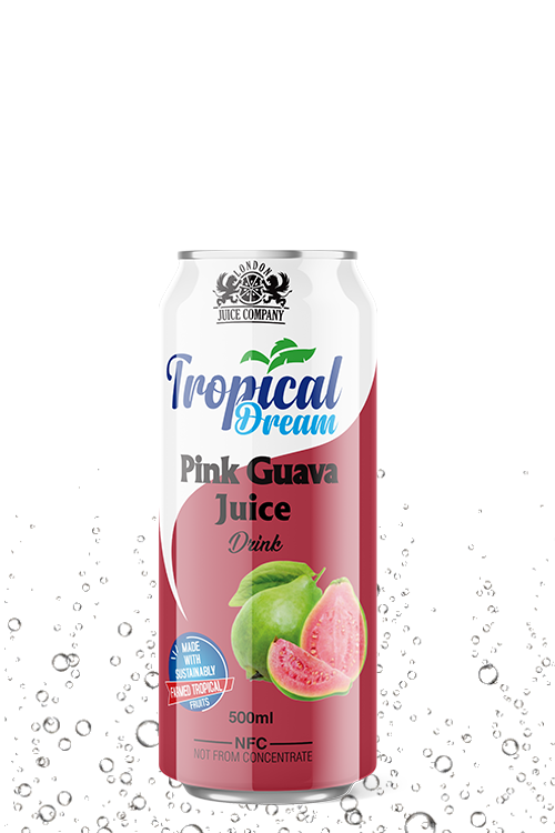Tropical Dream Pink Guava Juice Drink 500ml can with pink guava fruit label.
