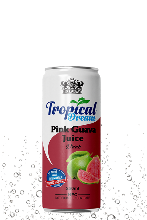 Tropical Dream Pink Guava Juice Drink 250ml can with pink guava fruit label and tropical drink branding.