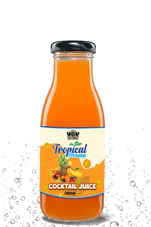 Tropical Dream Cocktail Juice Drink by London Juice Company in a clear glass bottle with a black cap.