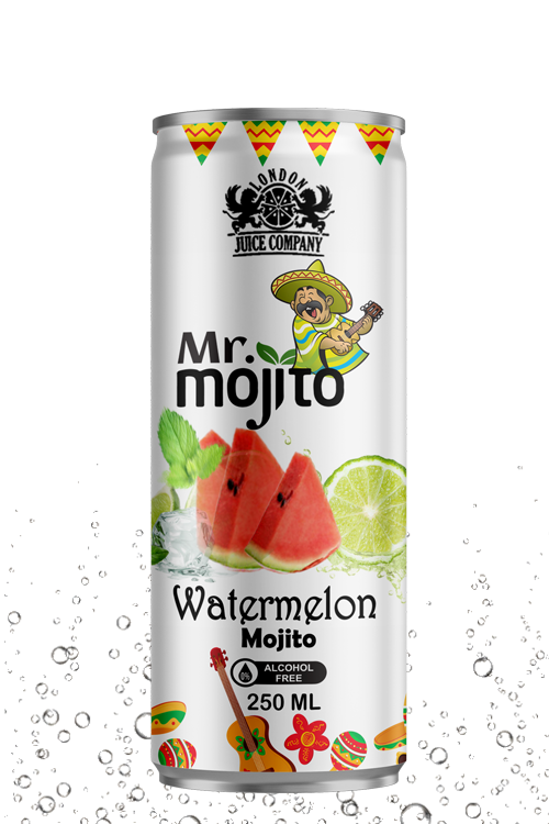 Juicy watermelon mojito beverage with a crisp refreshing taste in a premium alcohol-free 250ml can by London Juice Company