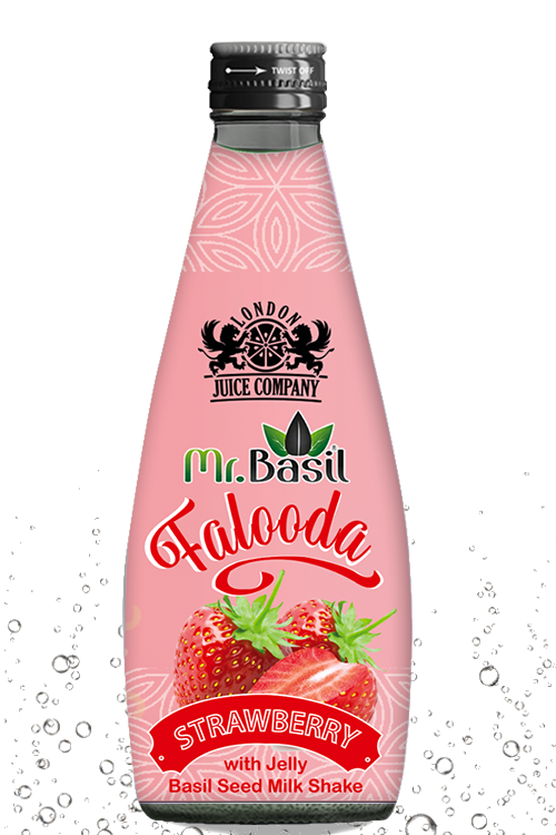 Mr. Basil Strawberry Falooda with Jelly – a fruity basil seed milk shake drink made with strawberry flavor by London Juice Company.