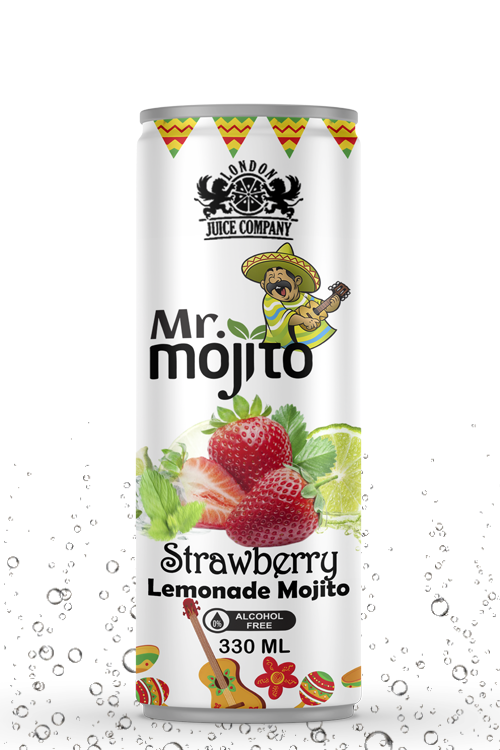 Sweet strawberry lemonade mojito beverage with a refreshing citrus blend in a premium alcohol-free 330ml can by London Juice Company