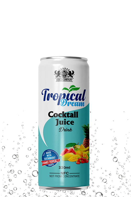 Tropical Dream Cocktail Juice Drink 330ml can with mixed tropical fruit label.