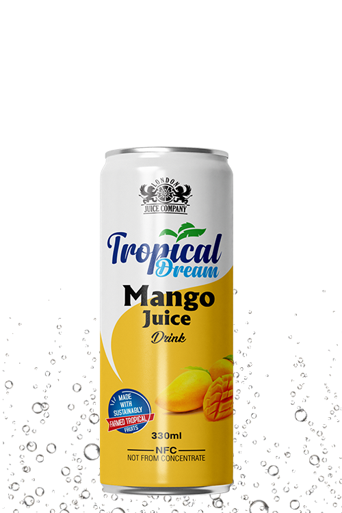Tropical Dream Mango Juice Drink 330ml can with mango fruit label and NFC not from concentrate text.