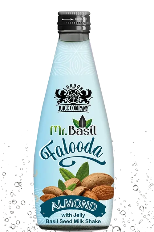 Mr. Basil Falooda Almond Milk Shake with Jelly by London Juice Company, featuring a bottle with almond and basil leaf design, highlighting the unique basil seed and almond flavors in a refreshing beverage.