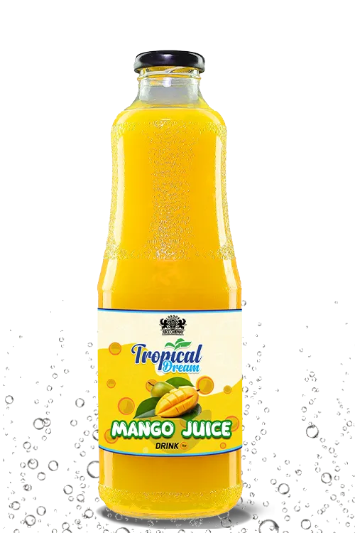 Tropical Dream Mango Juice Drink by London Juice Company in a tall clear glass bottle with a black cap.