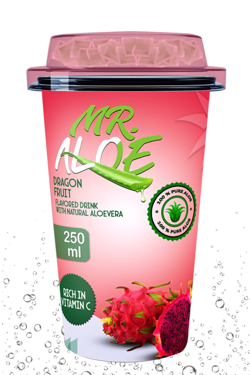 Dragon fruit aloe drink in 250ml cup with pink beverage