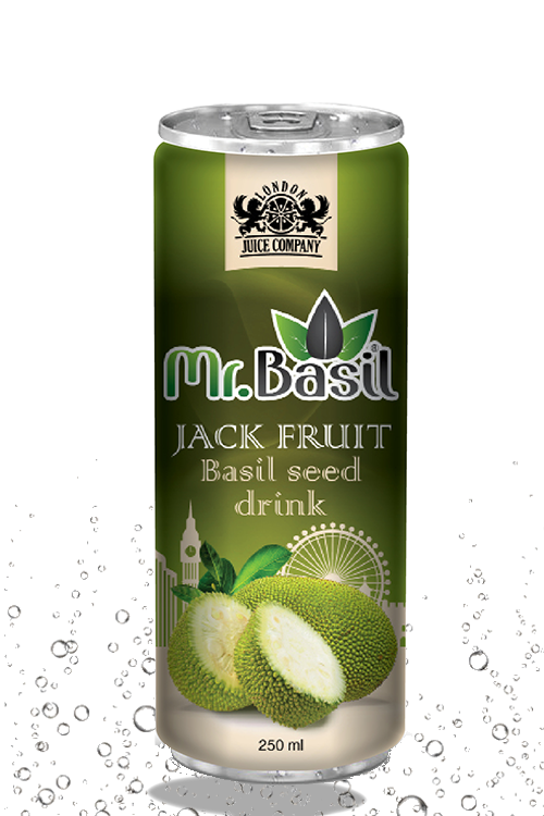 Jack fruit basil seed drink in 250ml can with green design and jackfruit imagery