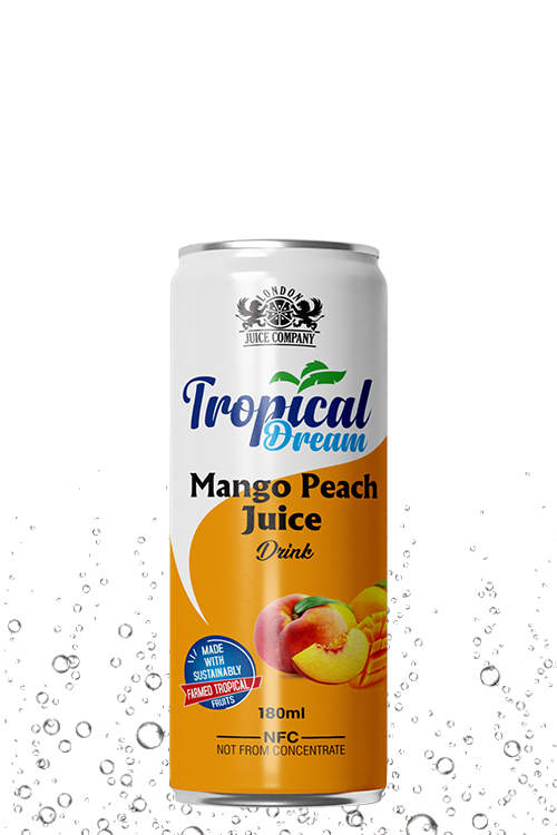 Tropical Dream Mango Peach Juice Drink 180ml can with mango and peach fruit label.