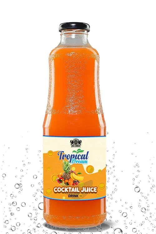 Tropical Dream Cocktail Juice in a tall glass bottle with black cap, filled with vibrant orange juice and labeled with mixed fruits on the front.
