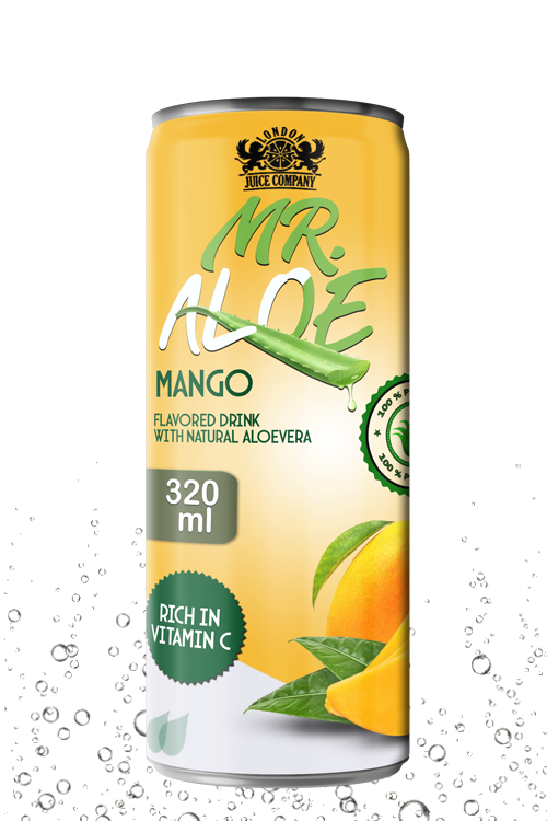 Mango aloe vera drink in 320ml can with yellow color
