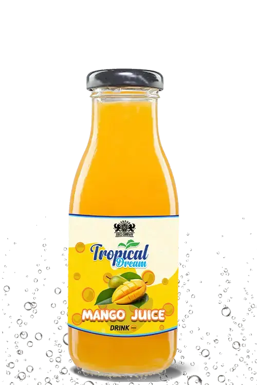 Tropical Dream Mango Juice Drink by London Juice Company in a clear glass bottle with a black cap.