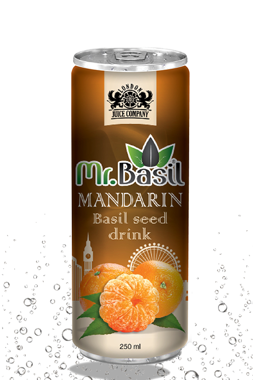Mandarin basil seed drink in 250ml can with brown-orange design and mandarin imagery