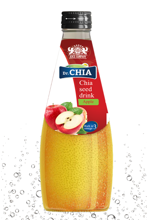 Dr. CHIA Apple chia seed drink in a 290ml glass bottle with chia seeds.
