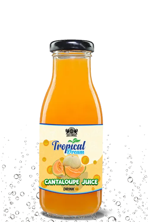 Tropical Dream Cantaloupe Juice Drink by London Juice Company in a clear glass bottle with a black cap.