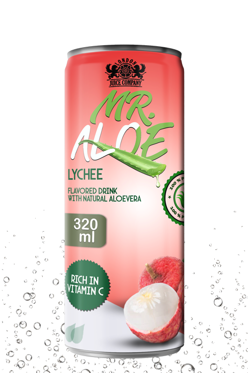 Lychee aloe vera drink in 320ml can with pink color