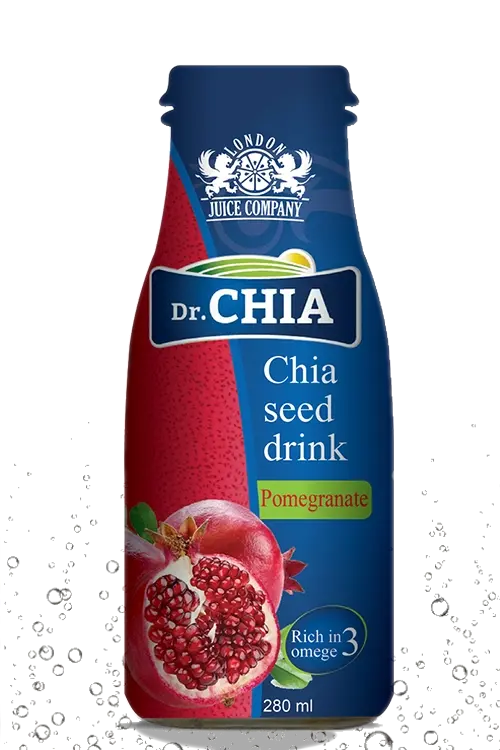 A bottle of &quot;Dr. CHIA&quot; Chia Seed Drink flavored with pomegranate, displaying a red label with an image of a pomegranate, marked as rich in Omega 3