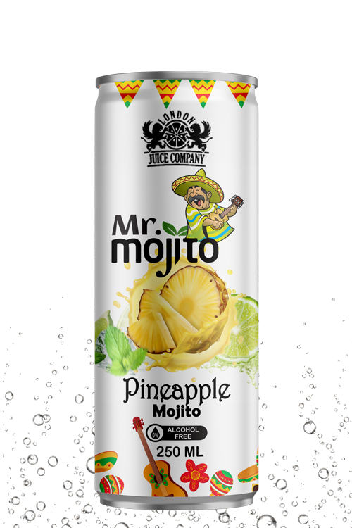 Exotic pineapple mojito drink with a smooth tropical flavor in a refreshing alcohol-free 250ml can by London Juice Company