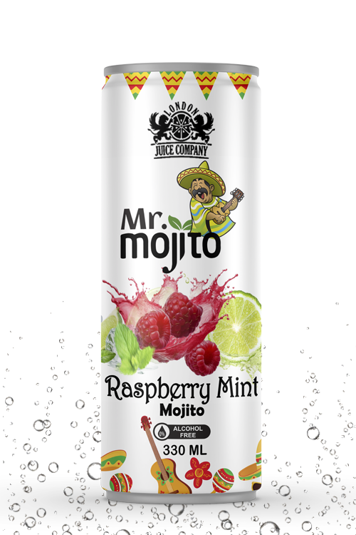 Fruity raspberry mint mojito drink with a cool refreshing finish in a premium alcohol-free 330ml can by London Juice Company