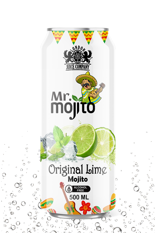 Classic lime mojito drink with crisp citrus freshness in a premium alcohol-free 500ml can by London Juice Company.