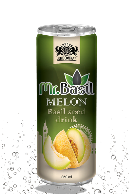 Melon basil seed drink in 250ml can with green design