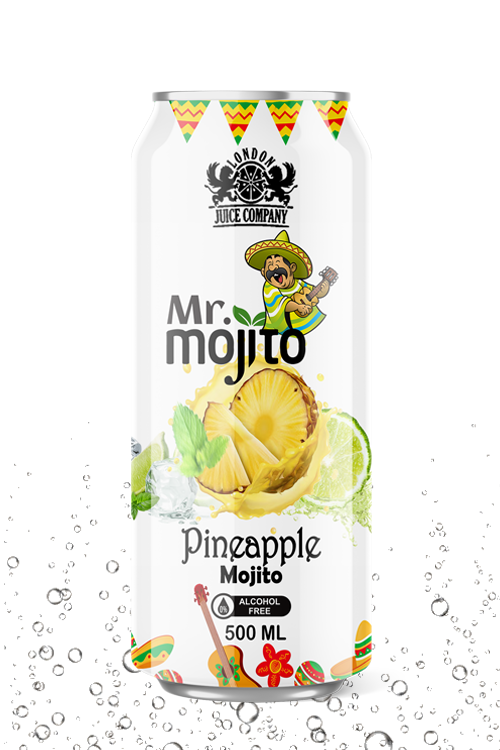 Exotic pineapple mojito beverage with tropical fruit flavor in a premium alcohol-free 500ml can by London Juice Company.