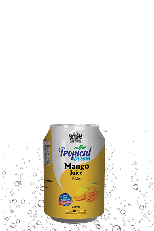 Tropical Dream Mango Juice Drink 330ml can with mango fruit label and side-view packaging.