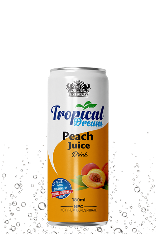 Tropical Dream Peach Juice Drink 180ml can with peach fruit label.