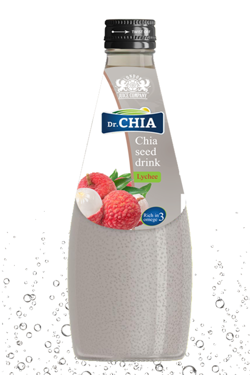Dr. CHIA Lychee chia seed drink in a 290ml glass bottle with chia seeds.