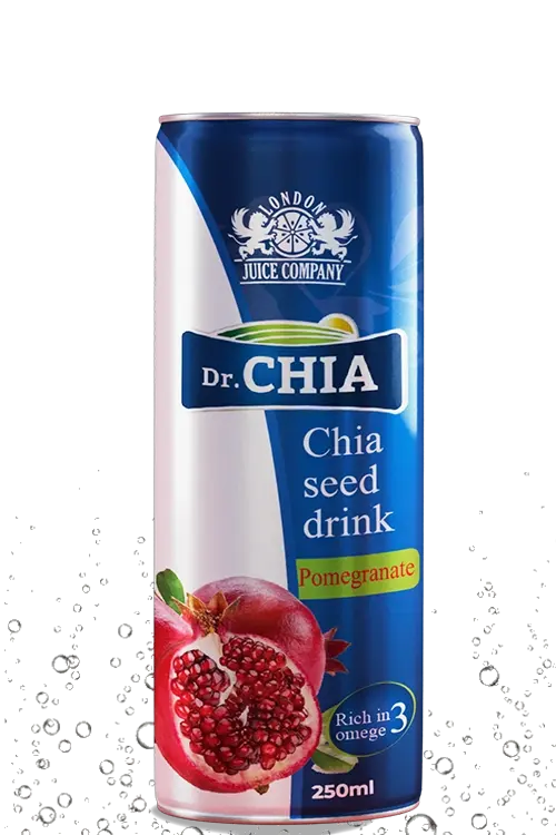 A can of &quot;Dr. CHIA&quot; Chia Seed Drink flavored with pomegranate, featuring a white and blue can with an image of a pomegranate, marked as rich in Omega 3.