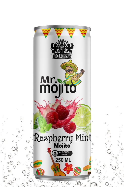 Fruity raspberry mint mojito beverage with a cool refreshing finish in a premium alcohol-free 250ml can by London Juice Company