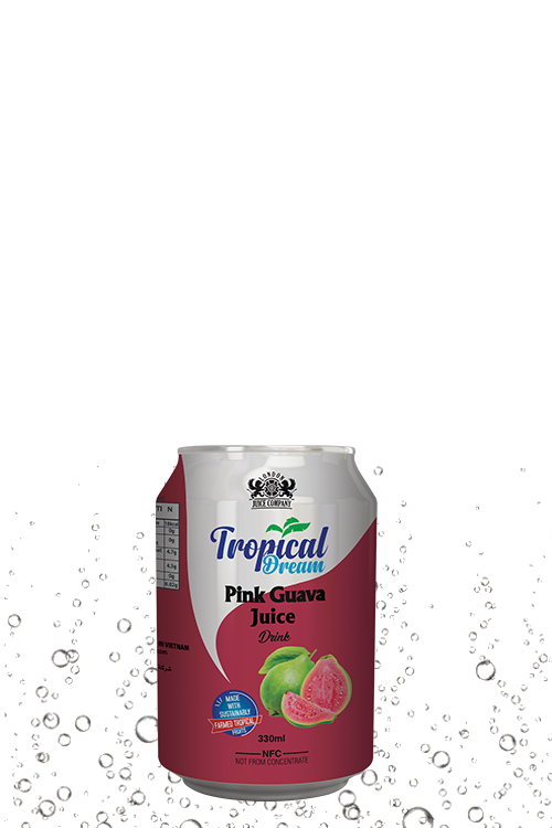 Tropical Dream Pink Guava Juice Drink 330ml can with pink guava fruit label and side-view packaging.