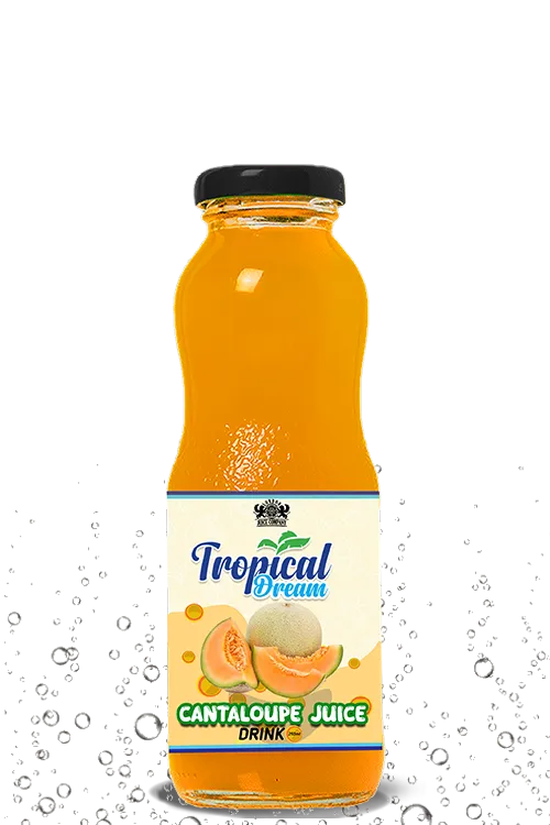 Tropical Dream Cantaloupe Juice Drink by London Juice Company in a curvy clear glass bottle with a black cap.