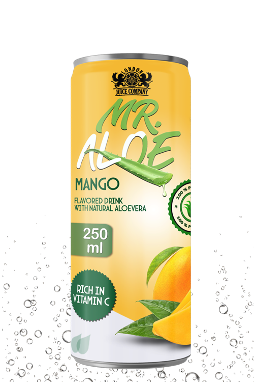 Mango aloe drink in 250ml aluminum can with golden yellow design