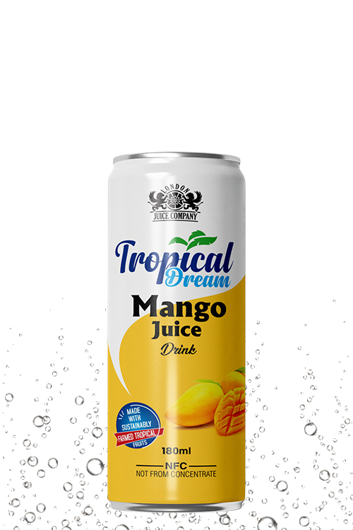 Tall can of Tropical Dream Mango Juice Drink with yellow-and-white design, mango illustrations, and 180ml label.