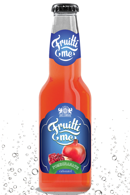 A bottle of &quot;Fruitti Me&quot; pomegranate flavored drink, with a clear red label showcasing images of a pomegranate and a twist-off cap.
