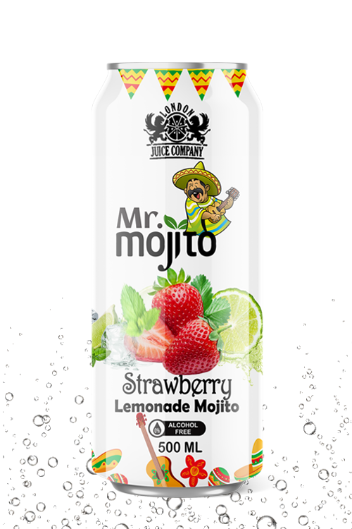 Sweet strawberry lemonade mojito beverage with a citrus twist in a premium alcohol-free 500ml can by London Juice Company.