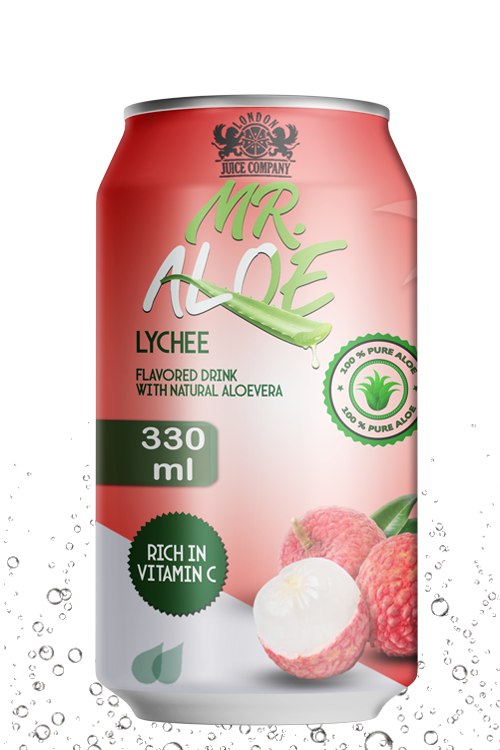 Lychee aloe drink in 330ml aluminum can with pale pink design