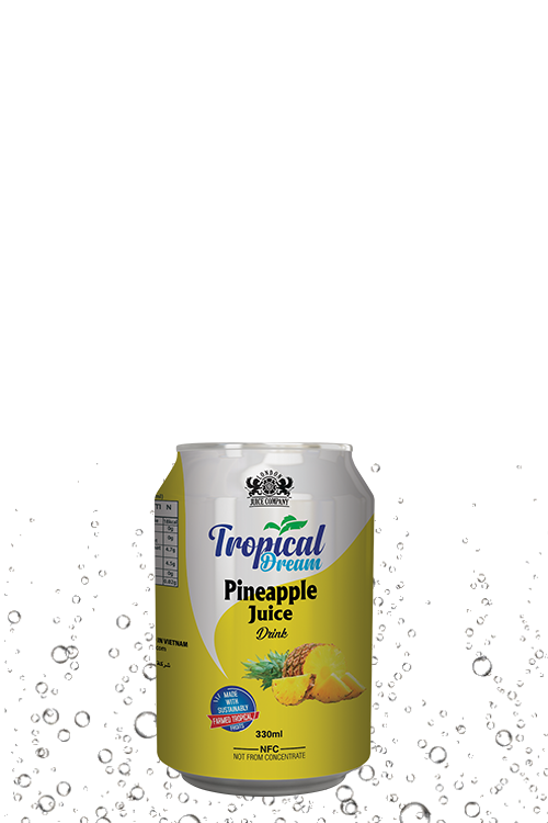 Tropical Dream Pineapple Juice Drink 330ml can with pineapple fruit label and side-view packaging.