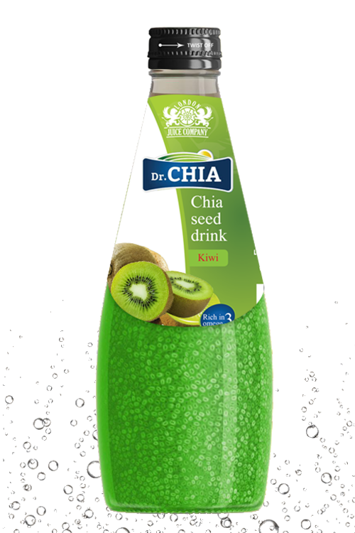 Dr. CHIA Kiwi chia seed drink in a 290ml glass bottle with chia seeds.