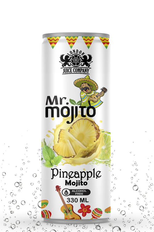 Tropical pineapple mojito beverage with smooth exotic flavor in a refreshing alcohol-free 330ml can by London Juice Company