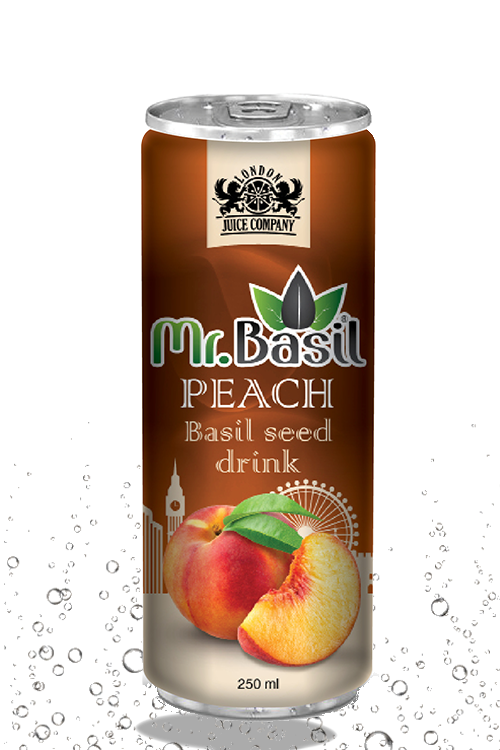 Peach basil seed drink in 250ml can with brown design and peach imagery