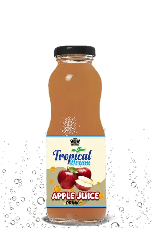Tropical Dream Apple Juice Drink by London Juice Company in a curvy clear glass bottle with a black cap.