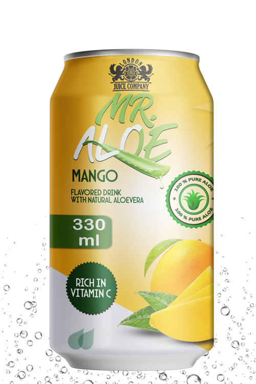 Mango aloe drink in 330ml aluminum can with golden yellow design