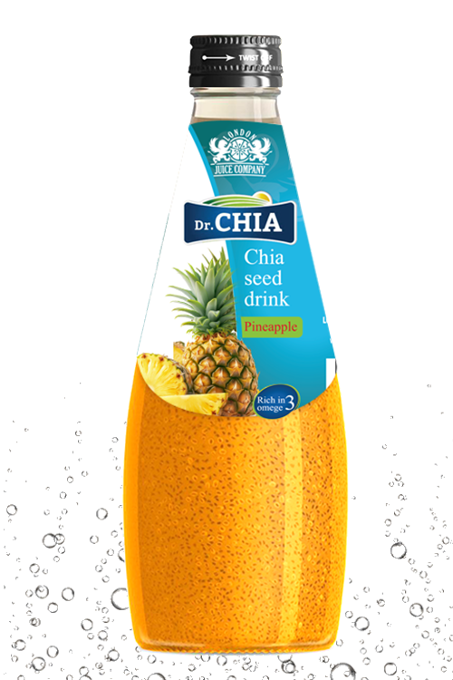 Dr. CHIA Pineapple chia seed drink in a 290ml glass bottle with chia seeds.