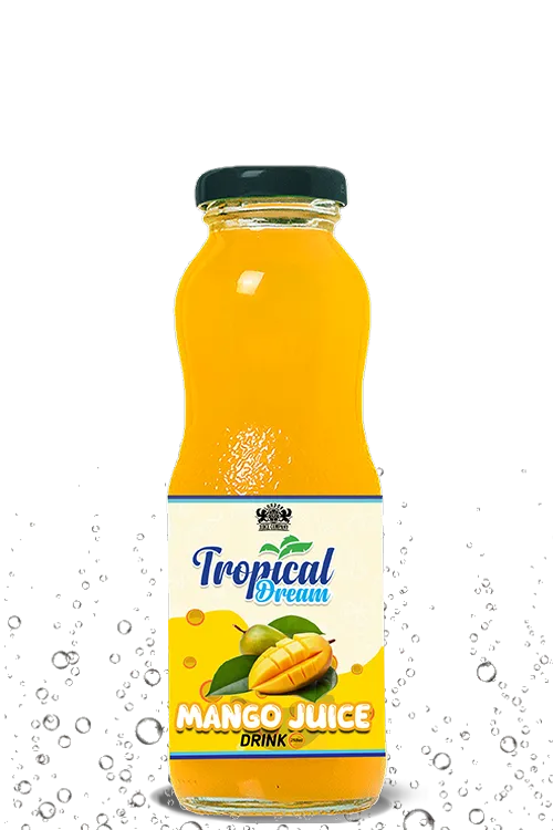 Tropical Dream Mango Juice Drink by London Juice Company in a curvy clear glass bottle with a black cap.